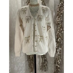 Karen Scott Petites Silk Angora Beaded Bow Cardigan Sweater Cream Ivory PL